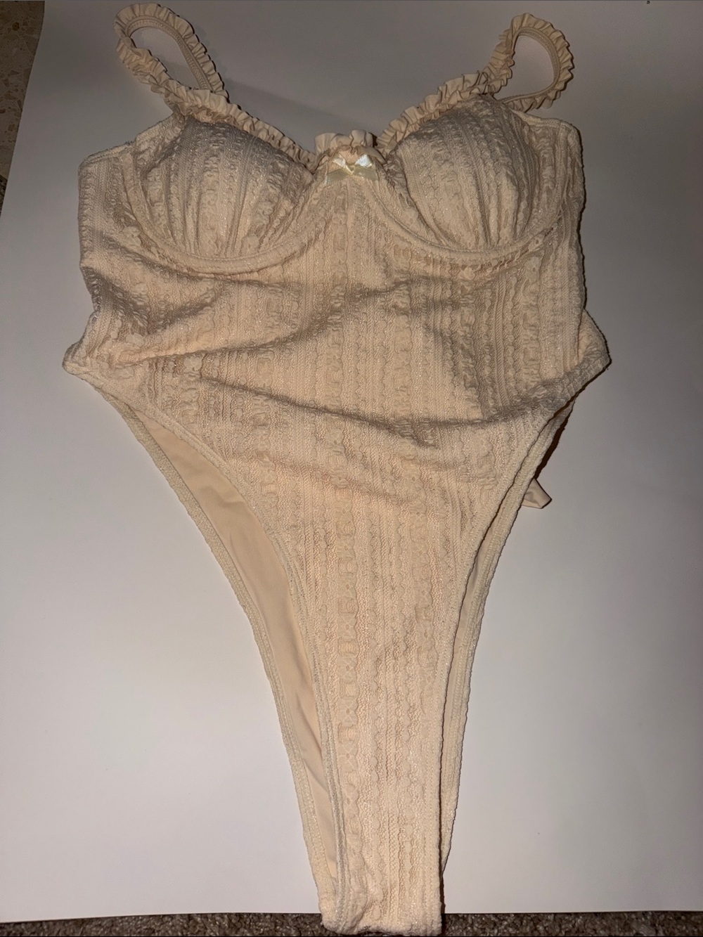 Cream Textured One-Piece Swimsuit with Ruffled Straps
